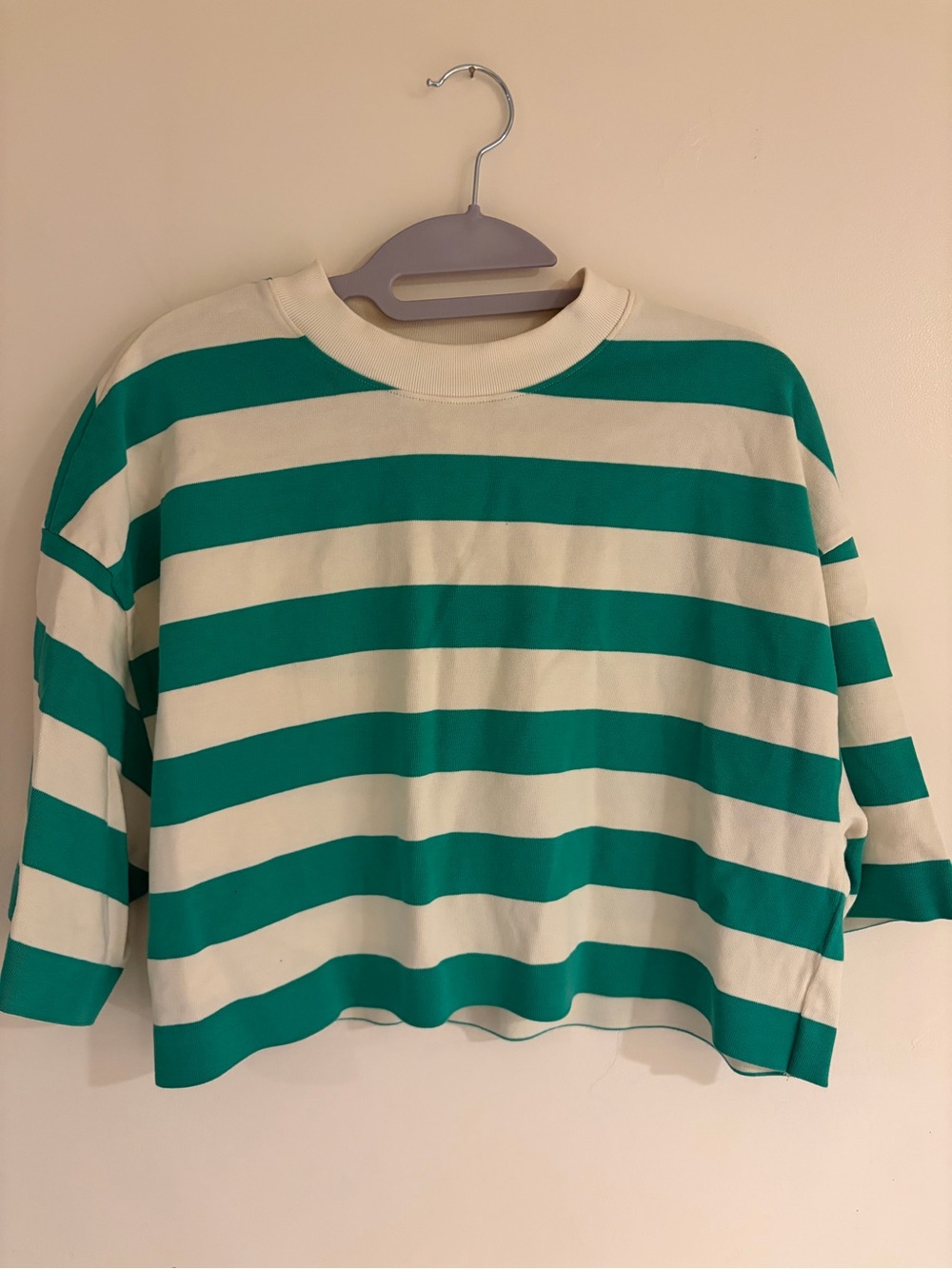 COS Cropped Green and Cream Striped Short Sleeve Tee